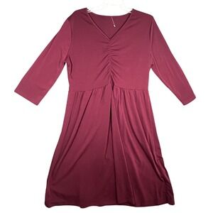 Women's Burgundy V-Neck Ruched Empire Waist Knit Dress 3/4 Sleeve XL